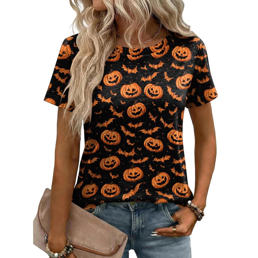 Women Casual Loose Fit Short Sleeve T Shirt Halloween Pumpkin Pattern Print Crew Neck Top Lightweight Soft Fabric
