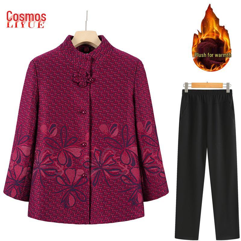 

Стильное шерстяное пальто в китайском стиле для женщин среднего и пожилого возраста - Утепленная бархатная верхняя одежда для осени и зимы 4XL [130-140 catties]