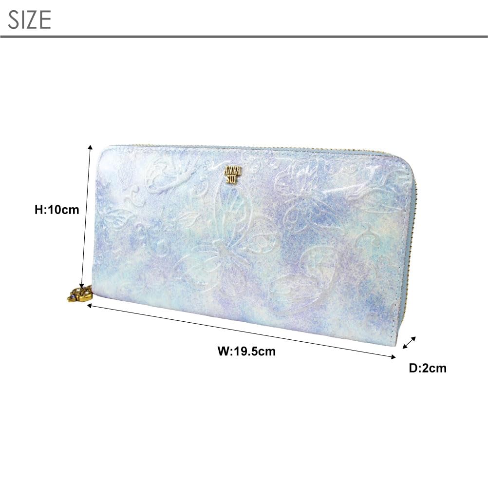 ANNA SUI Women's Long Wallet with Butterfly Design, Round Zipper, Antique Enamel Leather, Papillon Leather, Light Blue, 316891