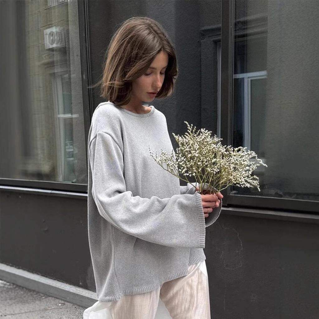 Women Backless Loose Knit Sweater Solid Color Oversized Pullover