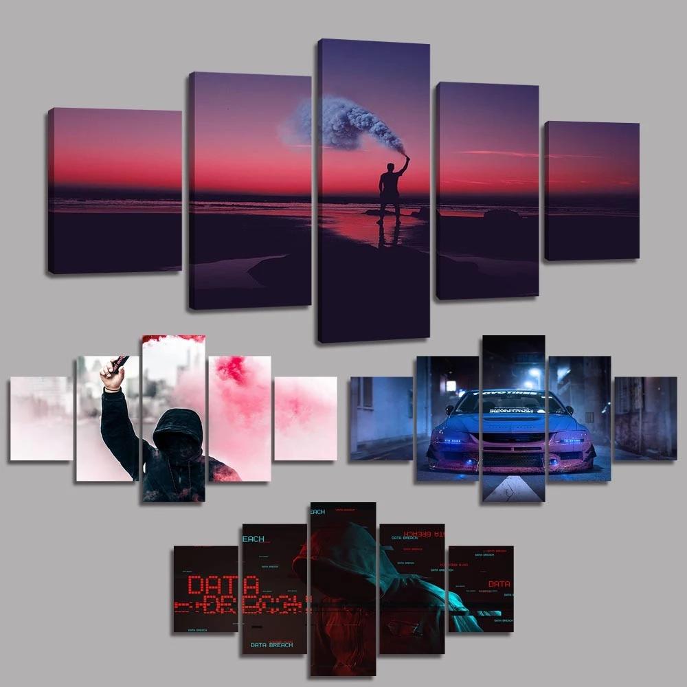 Modular Canvas Painting 5 Pieces Seaside Smoke Car Man HD Posters Prints Wall Art Modern Living Room Home Decor No Frame Picture