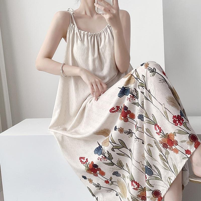 Cotton silk nightdress casual holiday wind gradual change color printing long dress loose suspenders summer dress pajamas