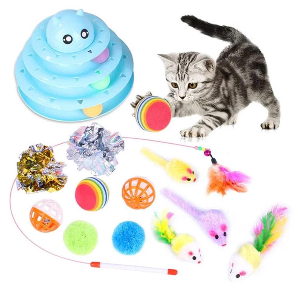

14Pcs/Set Cat Toys Set Interactive Cat Toys Catnip Teaser Wand Fluffy Mouse Turntable Crinkle Balls A