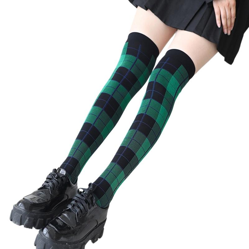 Damen 50D Nylon Rot und Schwarz Kräftiges Karomuster Über das Knie Socken Schottisches Tartanmuster Blickdichte Strümpfe Volle Länge 55cm One Size black
