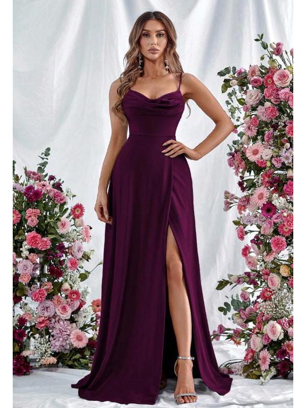 European Spring 2026 Strappy Off-Shoulder Sleeveless Slit Solid Color Elegant Women's Dress