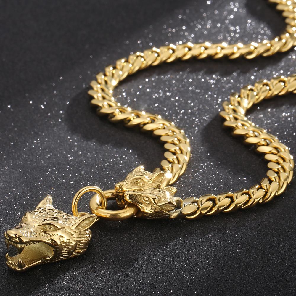 

Cool Wolf Head Pendant Necklace for Man with 10MM Wide 65CM Long Curb Chain Solid Stainless Steel Men s Necklaces Viking Jewelry