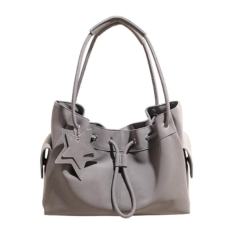 

Drawstring Bucket Shoulder Bags For Women Soft PU Leather Solid Color Large Capacity Shopper Totes 2026 New In Designer Handbags 36x27x16cm серый
