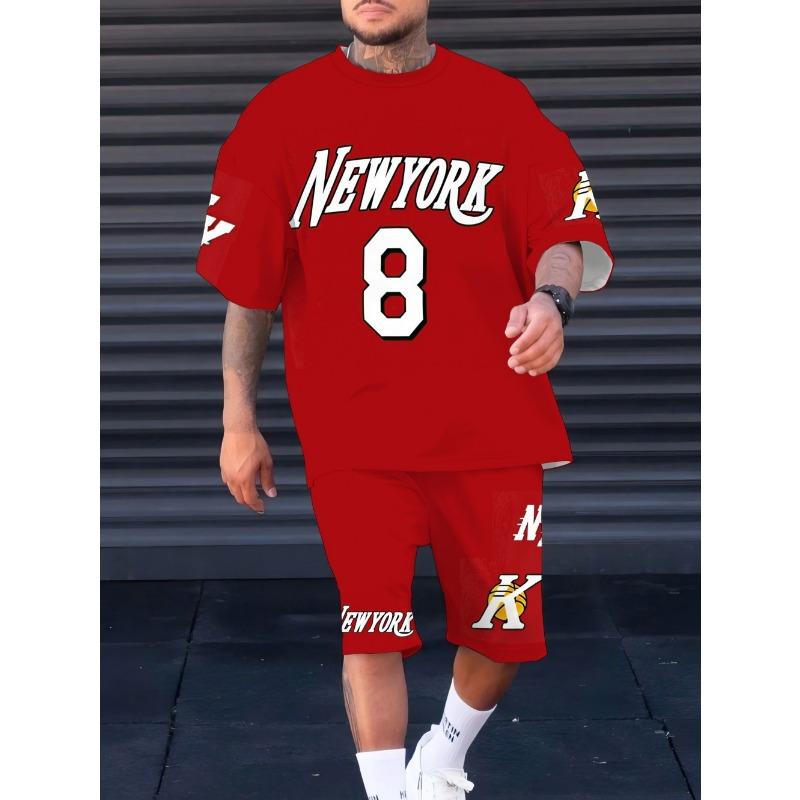Herren Sommer Sport Wortanzahl 8 Bedrucktes Atmungsaktives Rundhals T-Shirt Shorts Set Outdoor Freizeitkleidung