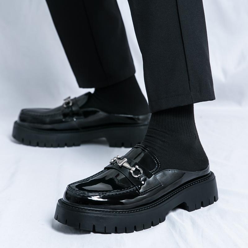 Męskie mokasyny typu mule, skórzane chodaki, buty typu slip-on, codzienne, odkryte, półdrag, buty imprezowe, gruba podeszwa, buty zwiększające wysokość