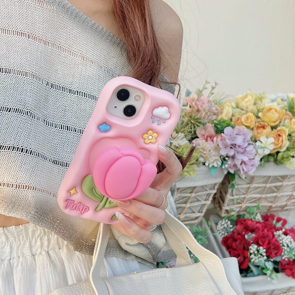 KEYSION Cute Cartoon 3D Tulip Flower Phone Case for iPhone 13 14 15 16 17 Pro Max Soft Silicone KickStand Shockproof Back Cover