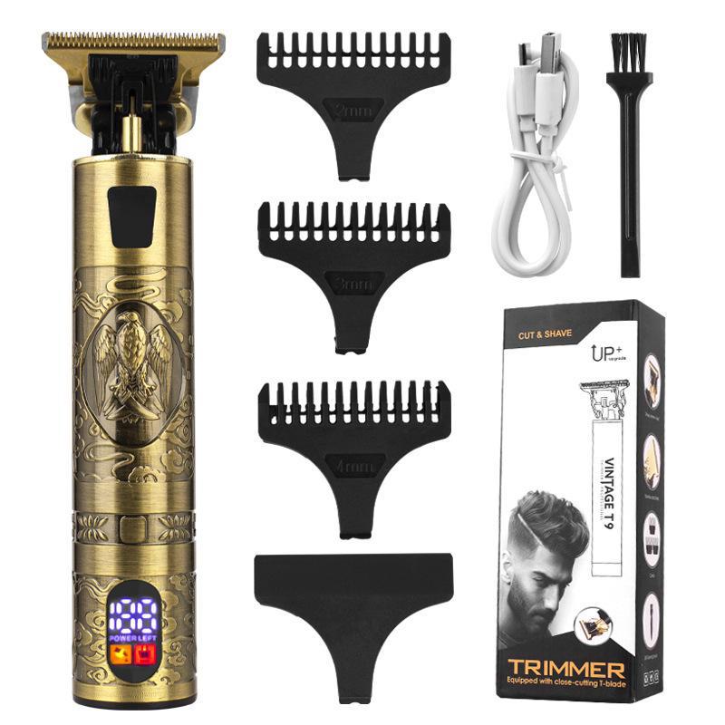 Retro T9 Electric Hair Clipper with LCD Display, USB Charging, Buddha Head Design, Oil Head Styling, and Power Push Technology.