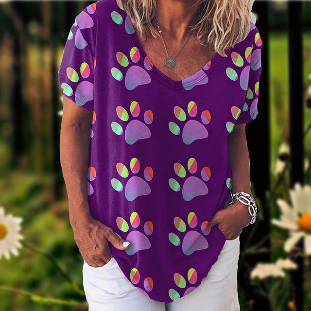 Tričko pro ženy Potisk Kočičí Dívčí Tričko Móda Léto Krátký rukáv Výstřih do V Ležérní Volný Top Oversized Dámská Streetwear Košile