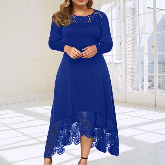 Damenkleid mit Rundhalsausschnitt, langen Ärmeln, mittelhoher Taille, asymmetrischem Saum und Spitzenbesatz – elegant und stilvoll