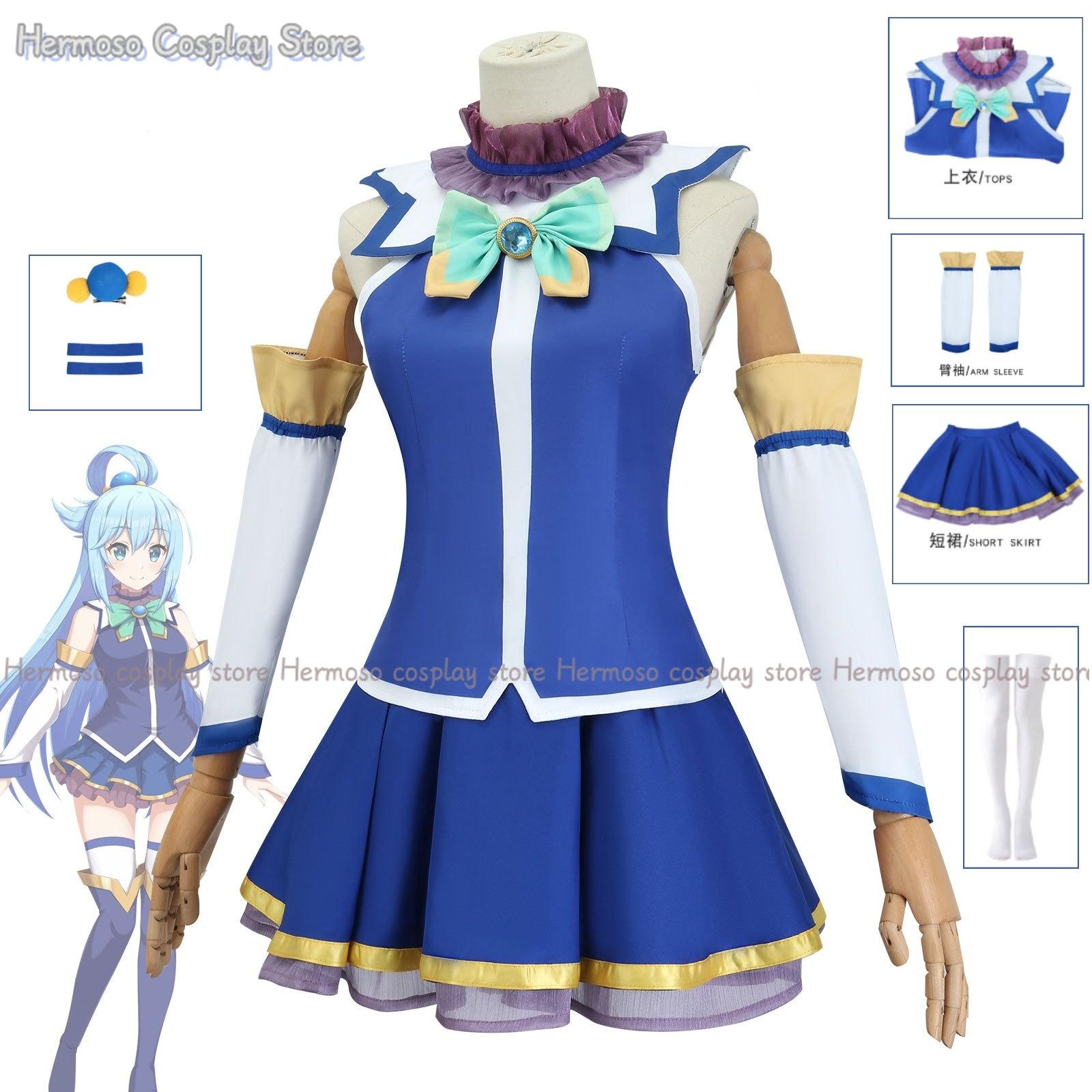 Новый Аква Косплей Аниме Kono Subarashi Sekai Ni Shukufuku Wo Костюм Парик Konosuba Хэллоуин Вечеринка Юбка Топ Рукава Набор Чулков XXL blue