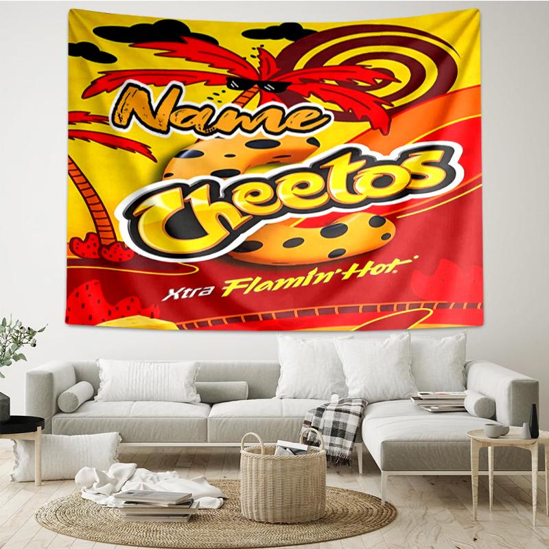 Custom Name Cheetos Print Tapestry, Backdrop, Easy Setup, Ideal for Bedroom, Office & Living Room, with Aesthetic Wall Hanging Decor.