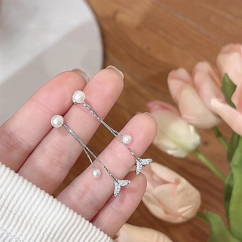 French Zircon Pearl Tassel Earrings: Elegant High-End Two-Way Studs