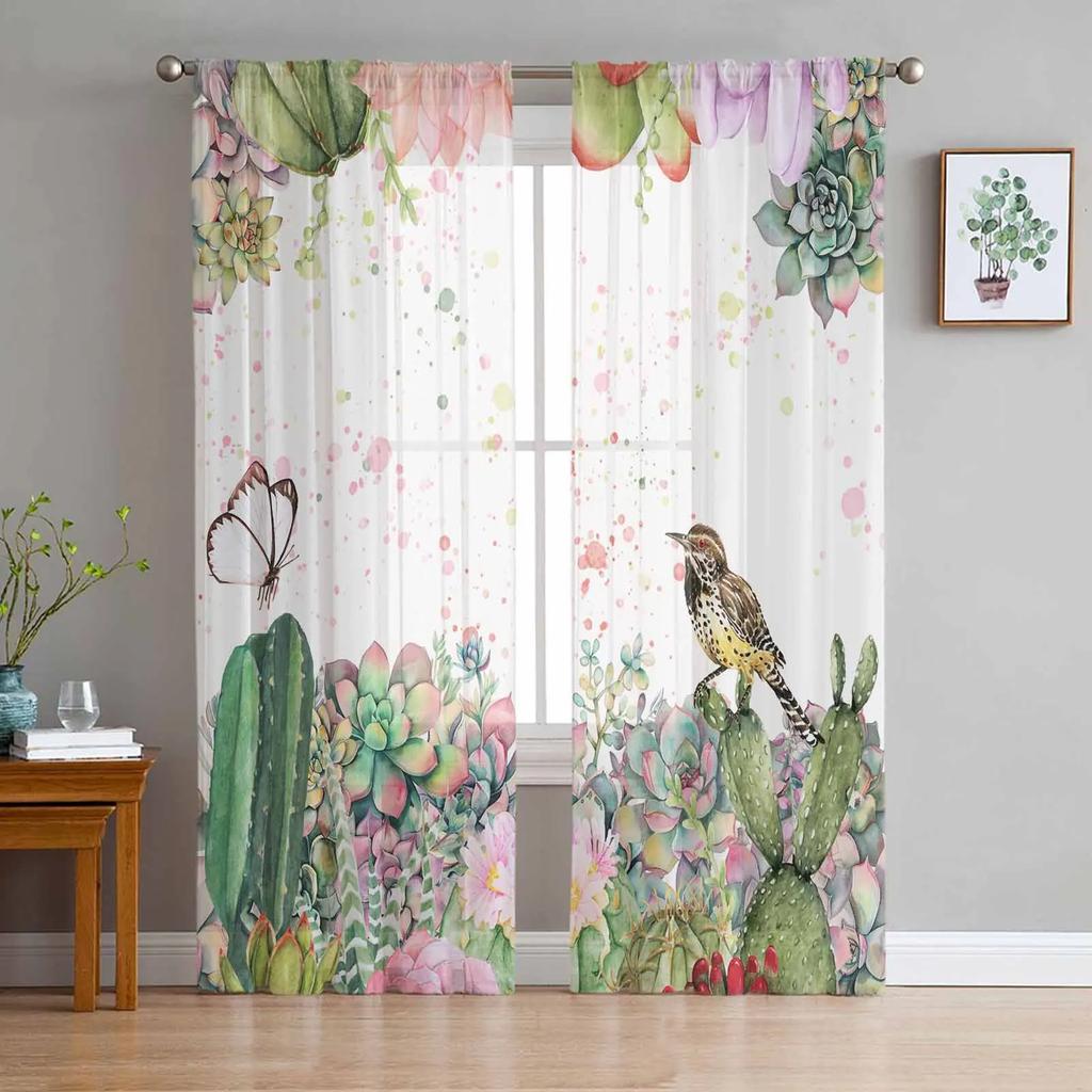 Summer Green Leaves Bird Watercolor Sheer Curtains for Living Room Decoration Window Curtain Kitchen Tulle Voile Organza Drapes