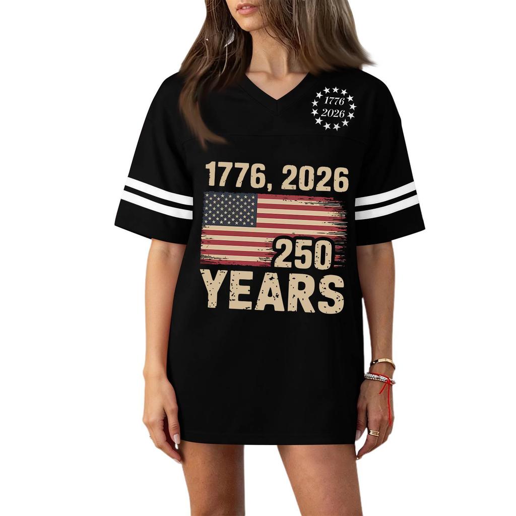 Women's Casual V Neck Jersey Shirt Short Sleeve Athletic Top 250th Anniversary Independence Day Printed T Shirt Loose Fit