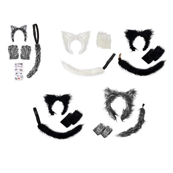 Wolf Ear Tail Set Realistic Design Plush Headband Gloves Tail Set Halloween Parties Role-Playing Accessories