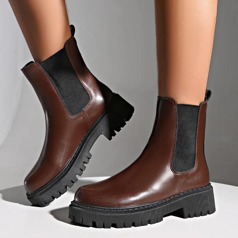 Fashion Round Toe Modern Boots Women 2024 High Quality Ladies Shoes Slip-on Women's Boots New Plus Size Solid Mid-Calf Boots