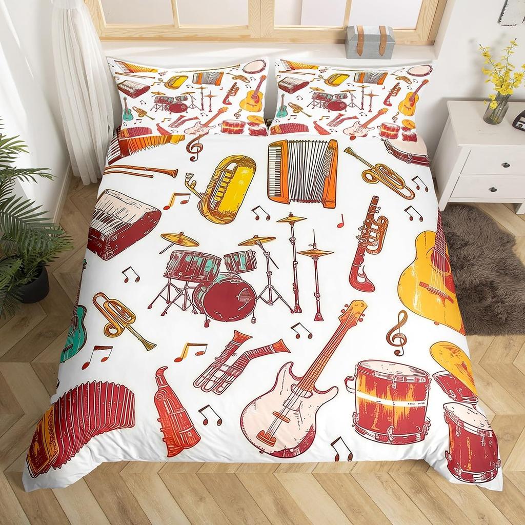 Guitar Duvet Cover Full Queen Tropical Blooming Floral Bedding Set For Kids Music Lover Musical Quilt Cover With 2 Pillowcases