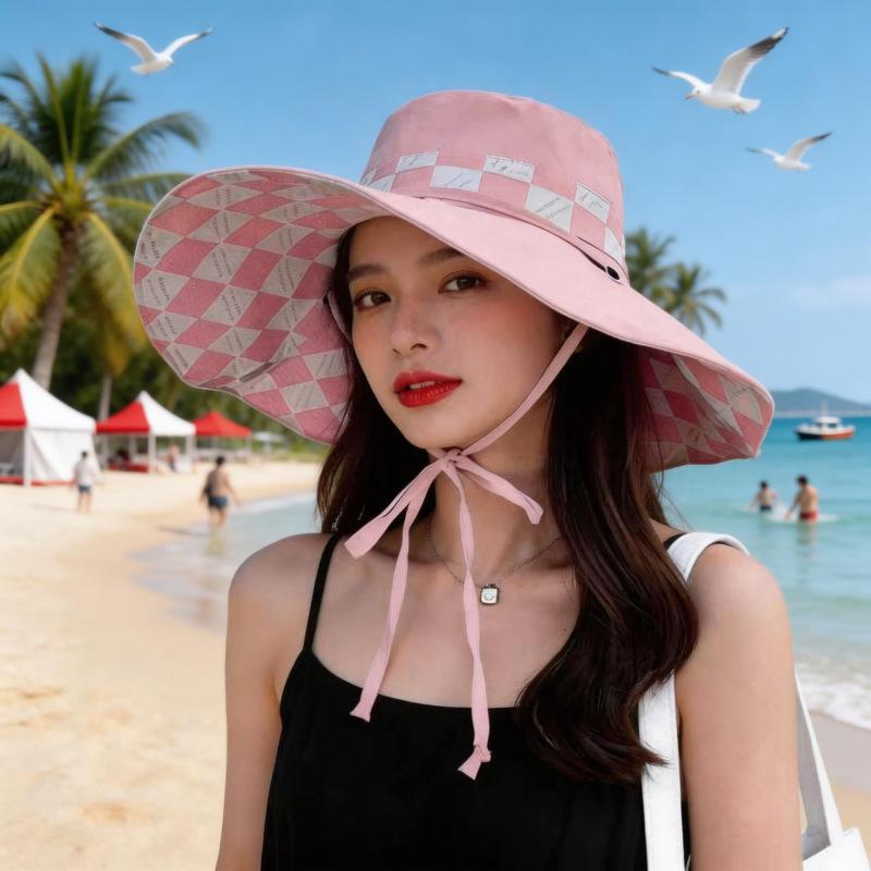 Double-sided plaid hat women's summer fashion versatile letter style large brim beach seaside vacation sun hat