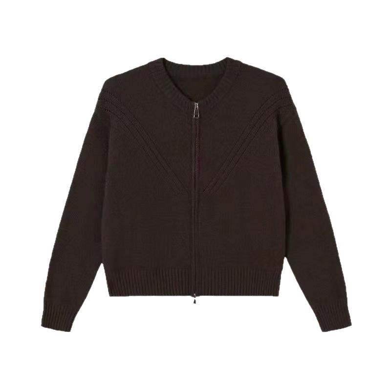 Versatile Women's Round Neck Knit Cardigan - Solid Color Zipper Outerwear for Autumn, Winter, and Spring