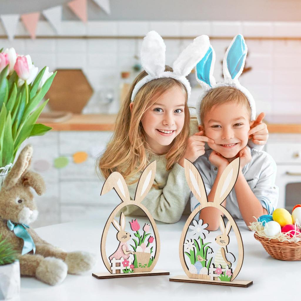 2Pcs Easter Bunny Wooden Ornament Cartoon Couple Rabbit Ornament Creative Desktop Decoration Crafts Home Decoration Party Gift