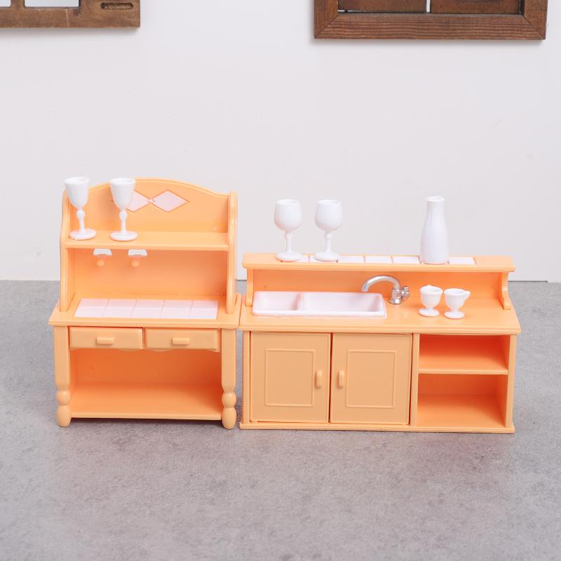 1 Set Dollhouse Kitchen Furniture Kit 1:12 Scale Sink Cabinet With Wine Glasses Dollhouse Accessory For Kids Pretend Play