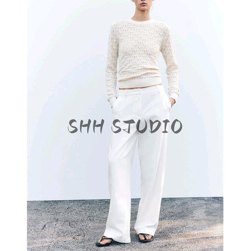 Spring New Women's Clothing Fashion Style Jacquard Mesh Long Sleeves Round Neck Cut Out Simple Knitwear 3471010
