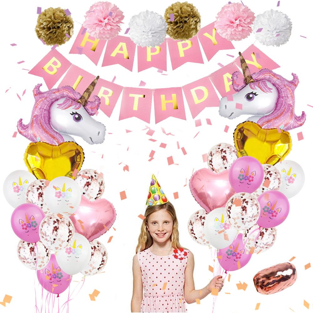 Unicorn Theme Party Decoration Balloon Paper Flower Ball Set Unicorn Balloon Fishtail Flag Birthday Party Decoration