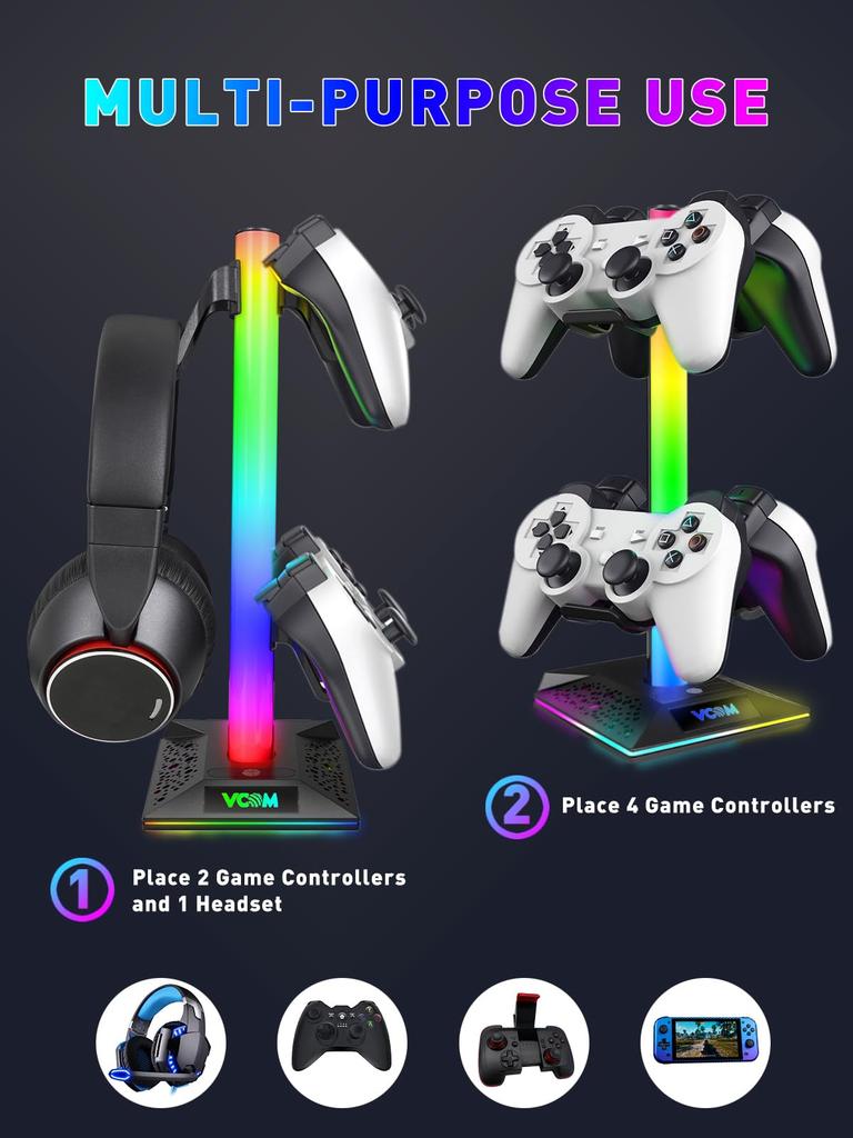 Gaming Stand Desk Storage VCOM Upgrade Version RGB Lighting Simultaneous Storage for 5 Devices Data Port Compatible with Desk Storage USB A X 2 USB C