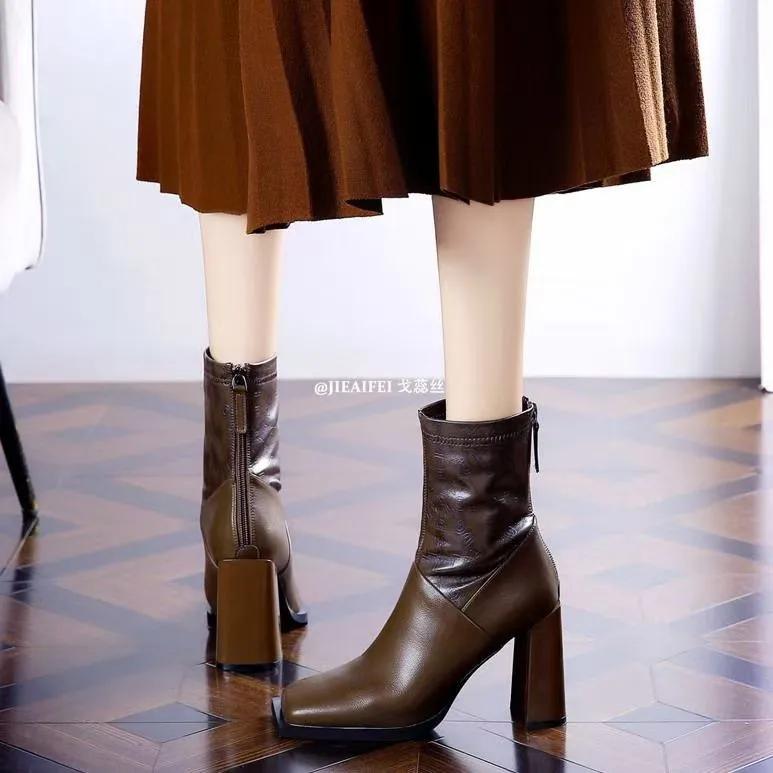 High Heel Short Boots Women's  Autumn and Winter New Square Toe Thick Heel  Boots Slimming Chelsea Boots