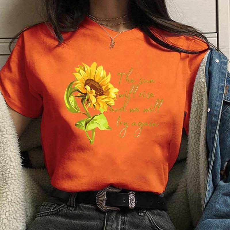 

Солнце взойдет, и мы попробуем снова Женская повседневная футболка Летняя мода Женская забавная футболка с ромашками и круглым вырезом и короткими рукавами 4XL