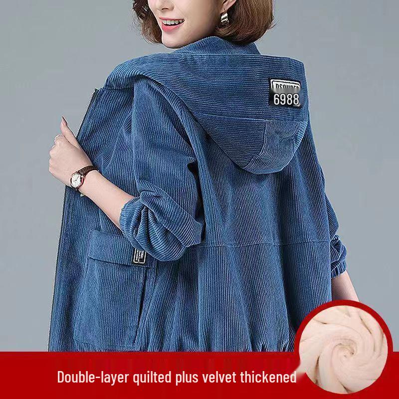 Women's Plus Size Corduroy Jacket - Fleece-Lined, Loose Fit for Autumn/Winter, Ideal for Middle-Aged Moms, Fits Up To 200 Lbs