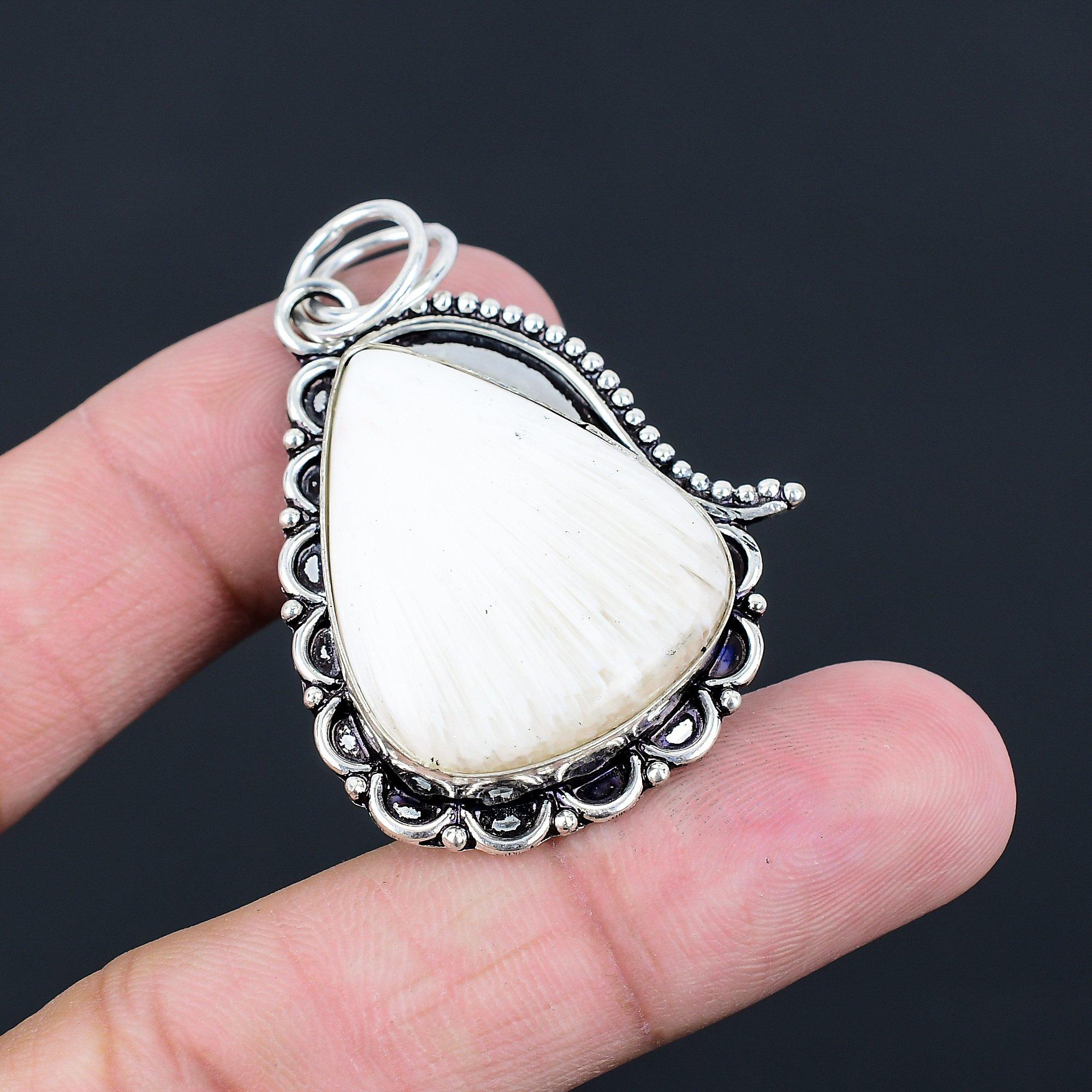 Подарок на день рождения для нее Натуральный камень Сколецит Подвеска из стерлингового серебра 925 пробы