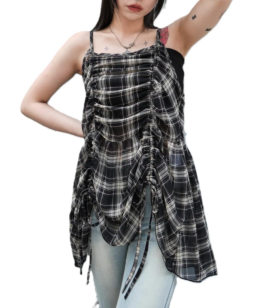 WEGO Drawstring Cami Size Black Check Women's Dress, Girly, Fall/Winter, F,