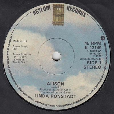 7inch Record LINDA RONSTADT - Alison K13149 Asylum Records 1979 UK Pop Used