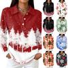 Women's Casual Christmas Print Button Down Long Sleeve Collared Blouse Top with Side Slits
