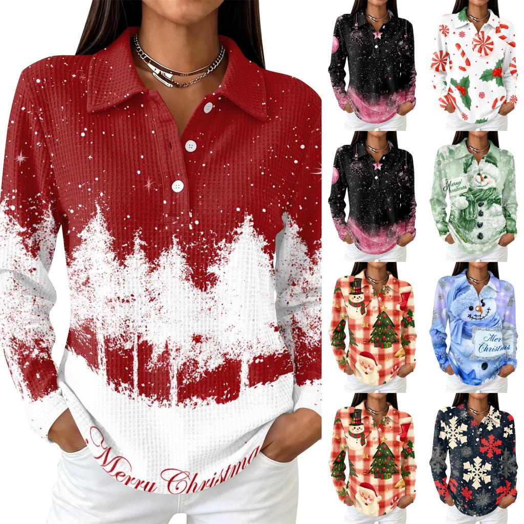 Women's Casual Christmas Print Button Down Long Sleeve Collared Blouse Top with Side Slits