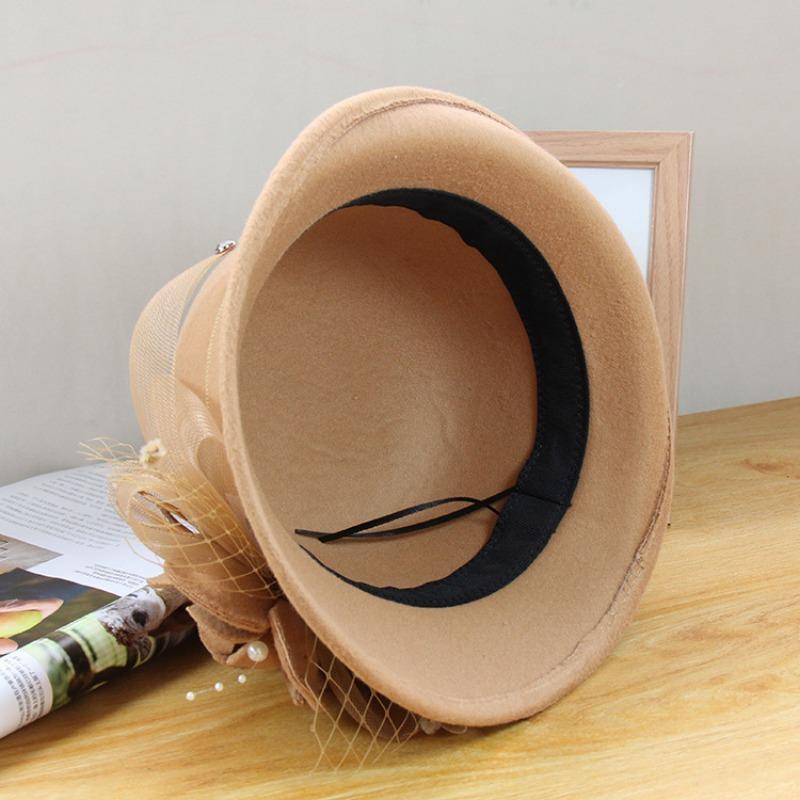 Women S Elegant Pearl Flower Half Roll Wool Bucket Hat Outdoor Fashion