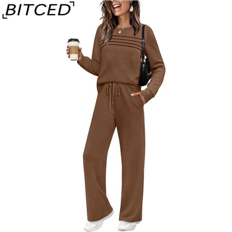 Autumn Ladies' Set: Long-Sleeved O-Neck Sweatshirt with Casual Elasticated Waist Trousers and Wide-Leg Pants