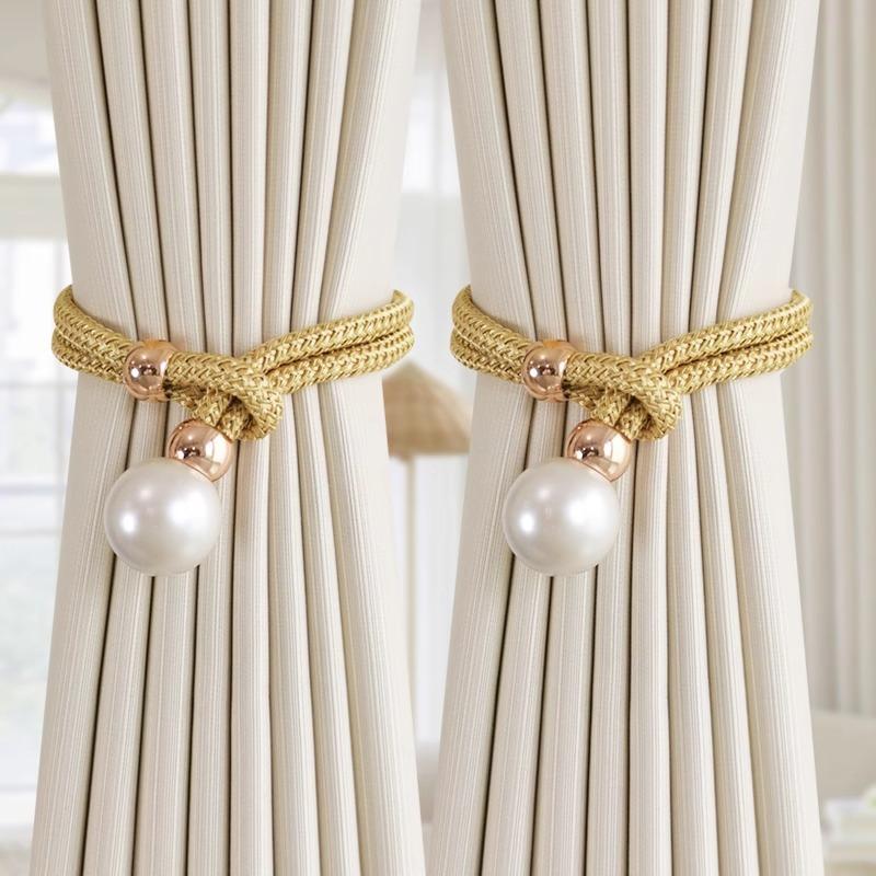 2Pcs Pearl Curtain Tiebacks, Curtain Pearl Tiebacks, Decorative Fixings, Rope Curtain Tiebacks No Punch Adjustable Pull-Outs