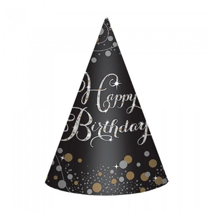 Amscan 8 chapéus de cone de papel brilhantes para comemoração de aniversário One Size ouro/preto