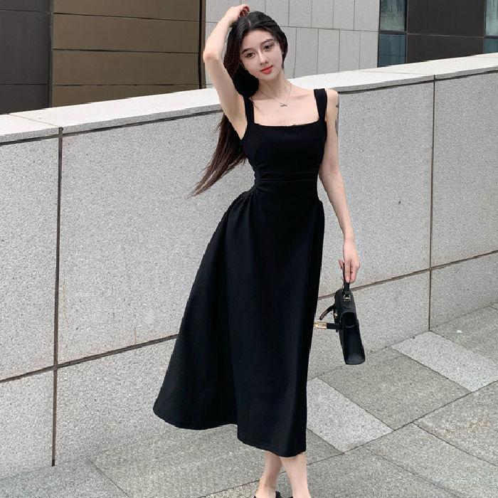 French white pleated thin suspender dress female summer celebrity temperament waist new Chinese A-shaped vest long dress