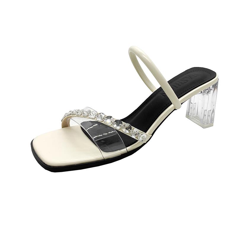 Fashion Summer Crystal Clear Band Square Slippers Women's Fashion Square Head Open Toe Fine Strap Anti-slip Wear-resistant Heels