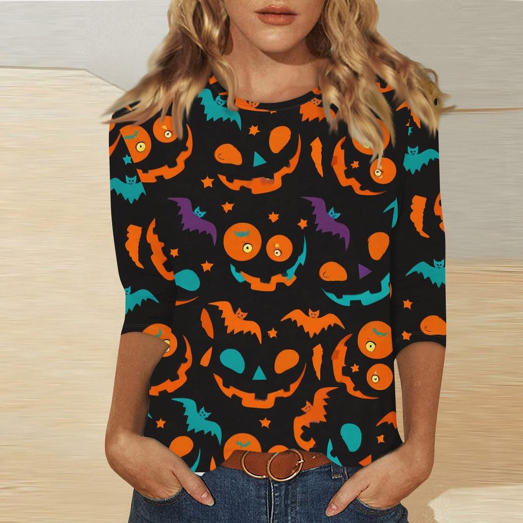 Women's Fashion Casual Three-quarter Sleeve Halloween Printed Round Neck Top
