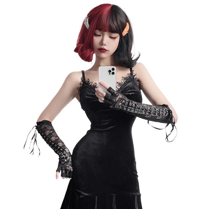 Dark goth halloween costume black dress long sexy witch costume