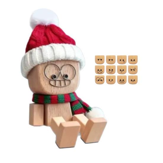 1 Set Christmas Shaking Wooden Man Wood Block Man Figurine with Shaking Legs 12 Magnetic Expressions Handmade Funny Santa Figurine