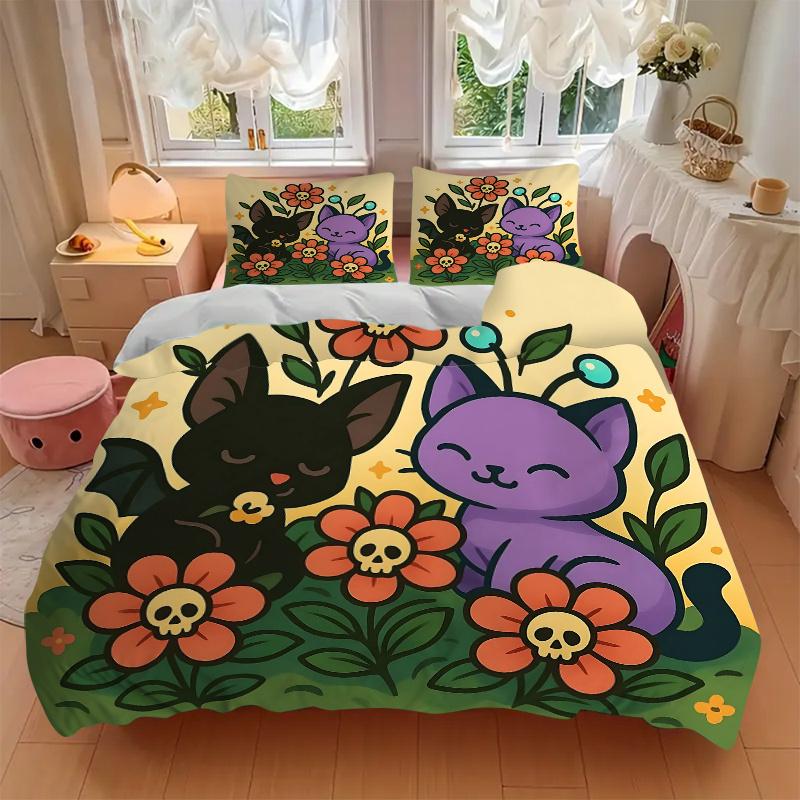 3pcs Purple Cat & Black Bat Cute Cartoon Quilt Cover Set (1 Quilt Cover + 2 Pillowcases Without Pillow Core), High-Definition Printing for Home a